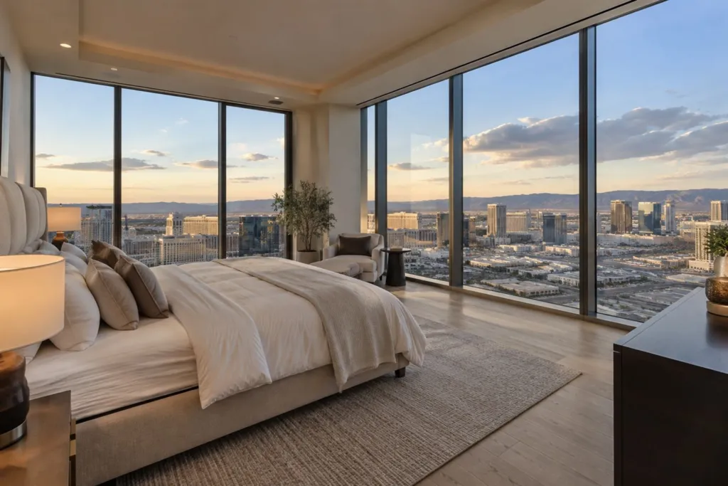 High-rise condo bedroom with Strip views